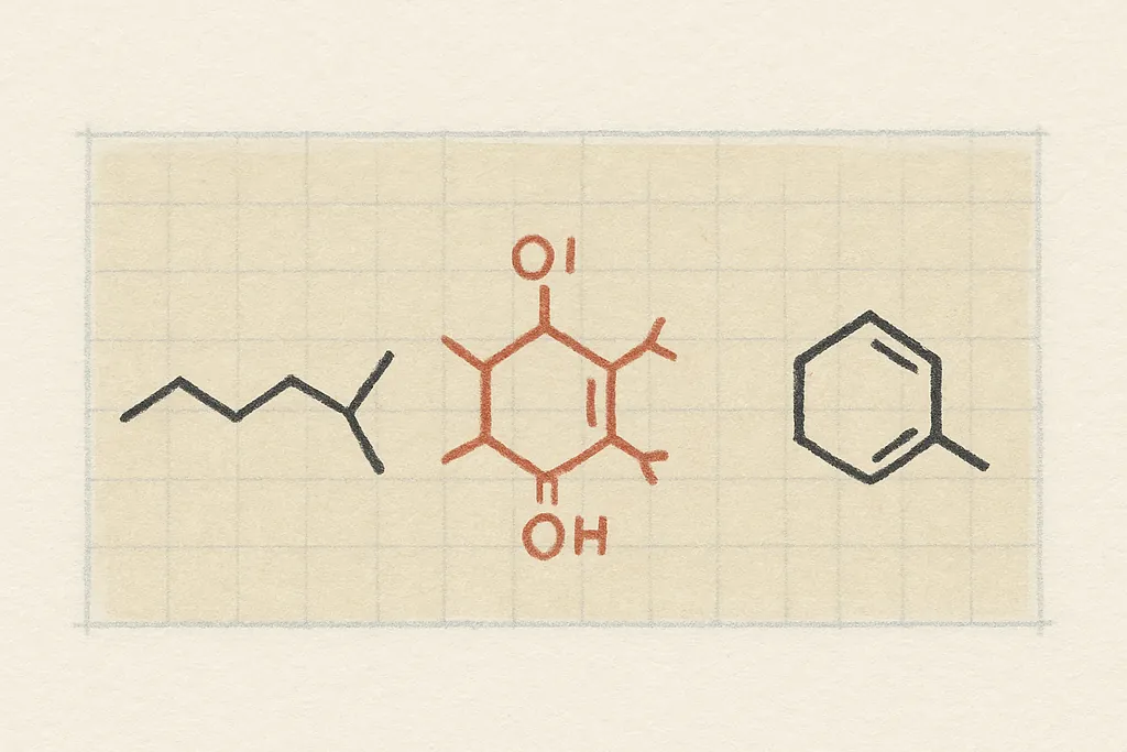 Illustration: three hand-drawn molecular skeleton diagrams in a row on faintly graph-ruled paper — a short chain on the left, a six-membered ring drawn in terracotta red in the centre, and a plain six-membered ring in dark ink on the right.