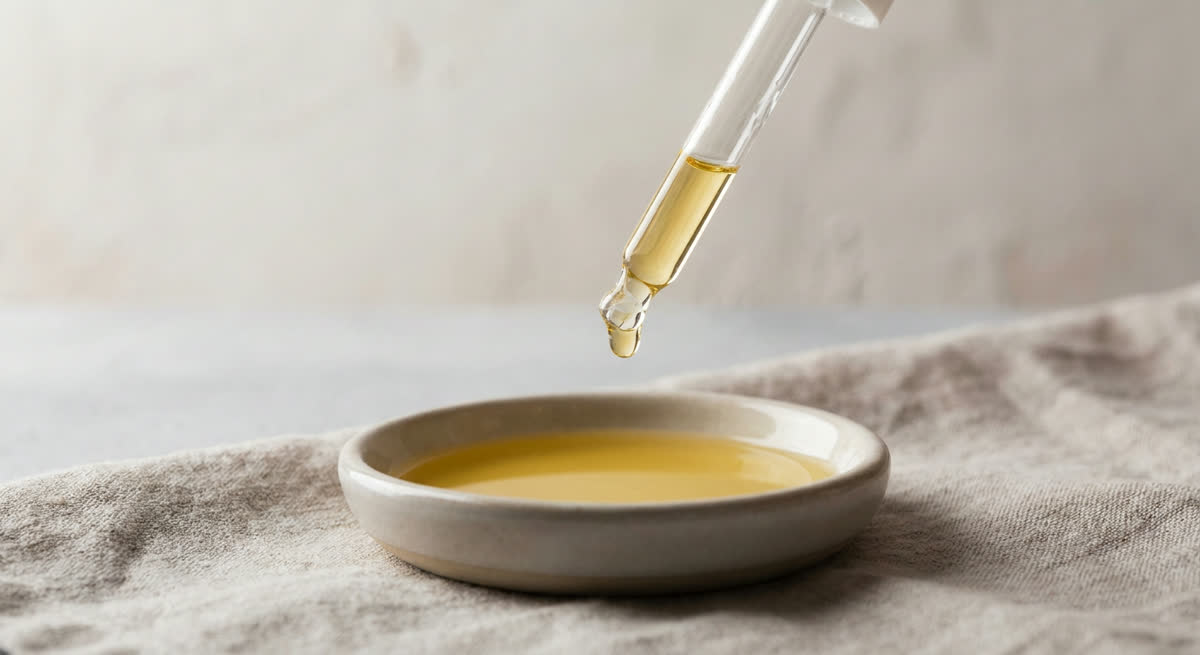 A glass dropper above a dish of golden facial oil