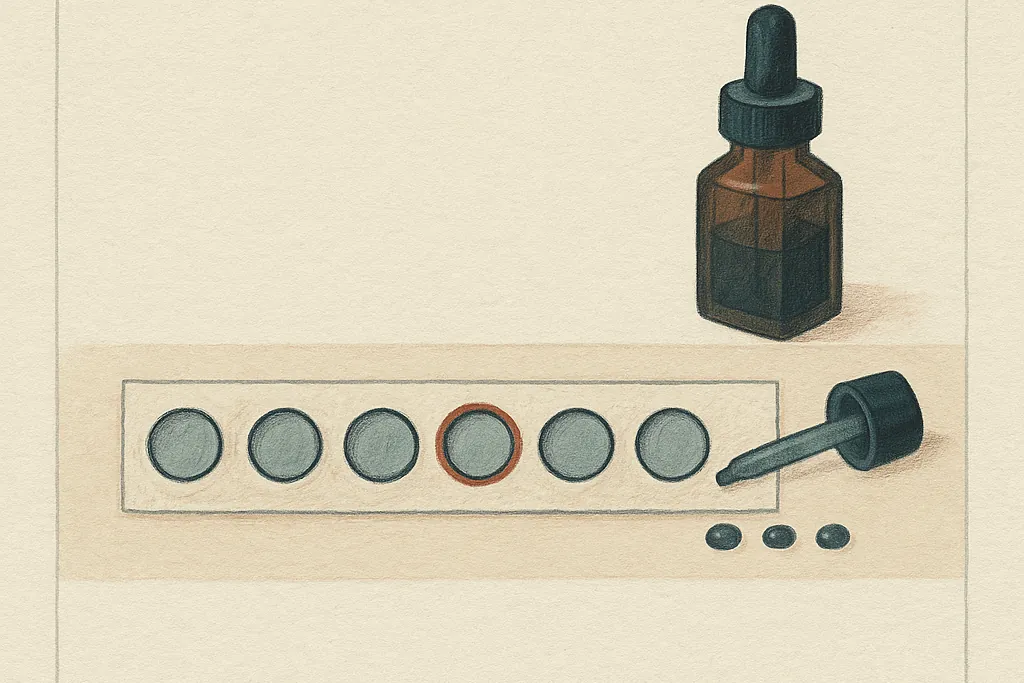 Illustration: a strip of six empty circular aluminium patch-test chambers laid flat on the paper, one of them ringed in terracotta. A dark glass dropper bottle stands behind the strip, its pipette and three drops resting alongside.