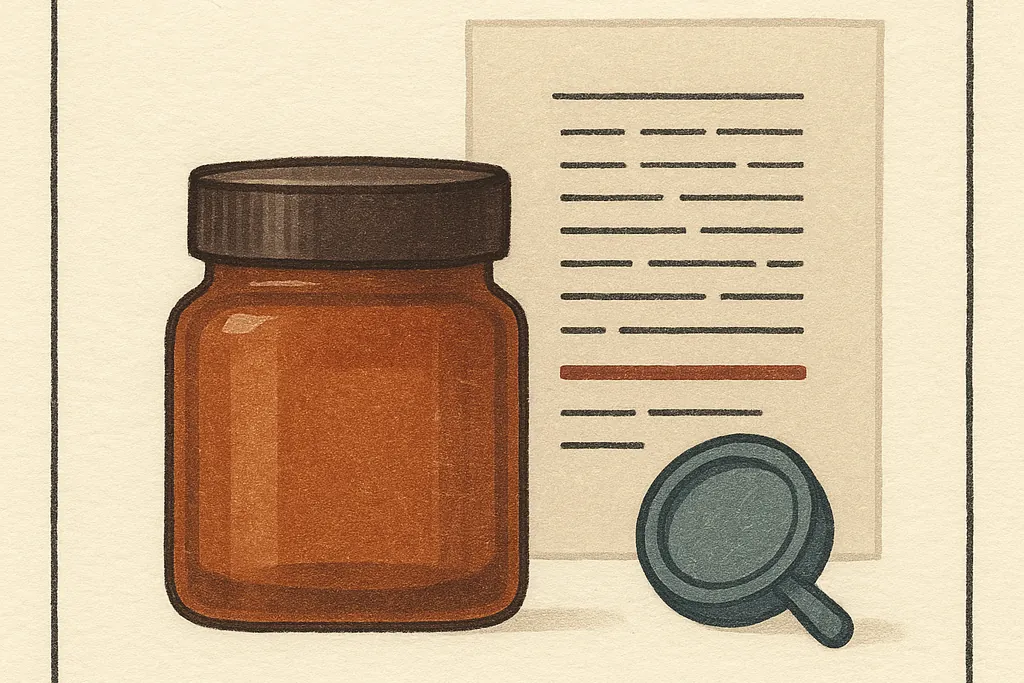Illustration: a plain amber cosmetic jar stands beside a sheet ruled with rows of blank ink strokes standing in for a printed ingredient list. One terracotta rule is laid across the column about two thirds of the way down, and a slate blue-green loupe rests on the paper below.