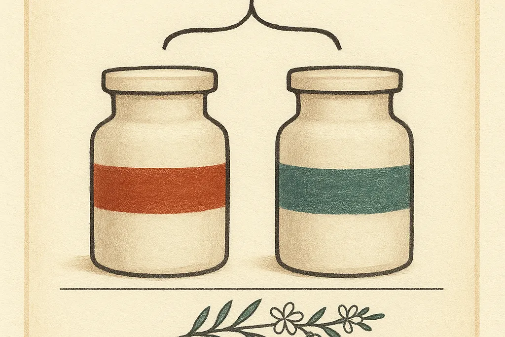 Illustration: two identical unlabelled jars standing side by side on a ruled baseline, the left banded in terracotta red and the right in slate blue-green, joined above by a drawn bracket, with a sprig of small five-petalled flowers lying on the paper below.