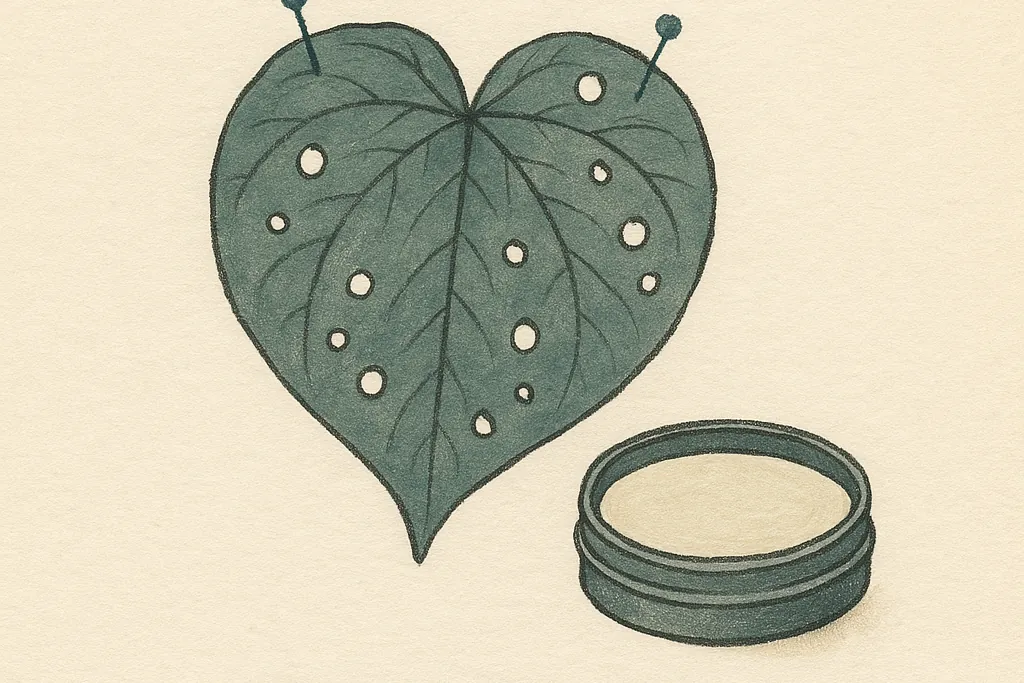Illustration: a single heart-shaped kawakawa leaf drawn as a herbarium specimen, showing its palmate venation and the scattered round holes left by insects, pinned to the paper with two fine pins, beside a small open round tin of balm.