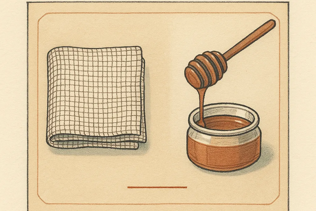 Illustration: a folded square of woven gauze dressing on the left and an open pot of honey with a wooden dipper on the right, drawn as two separate specimens on a ruled plate, with a short terracotta rule on the paper between and below them.