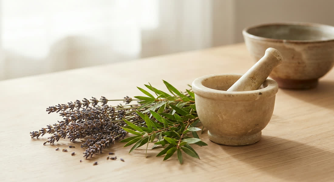 Lavender and tea tree sprigs beside a stone mortar and pestle