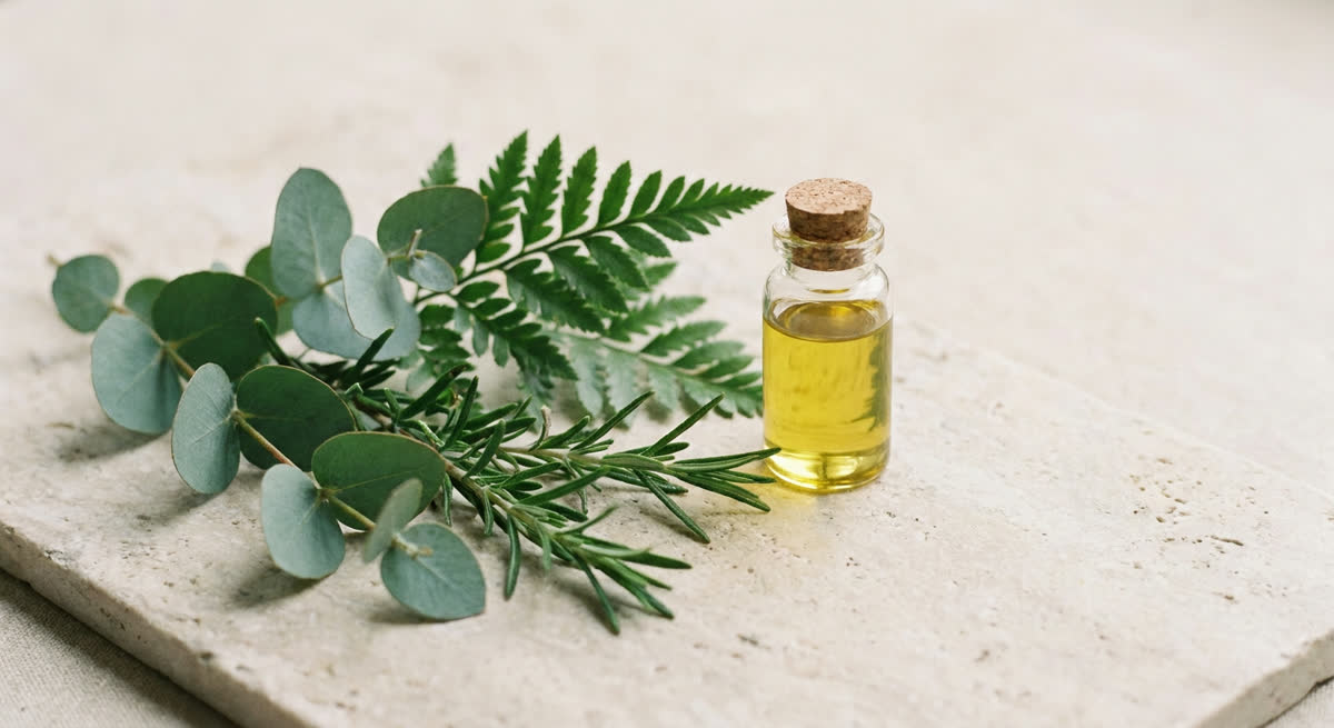 Green botanical leaves beside a bottle of oil