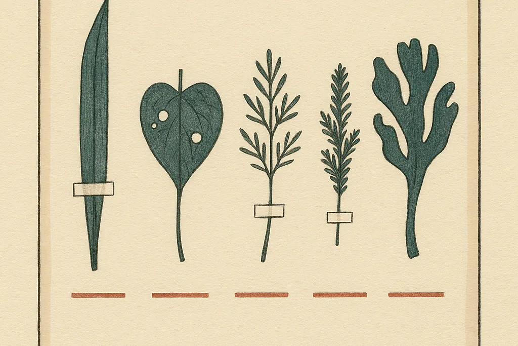 Illustration: a herbarium sheet holding five pressed specimens in a row — a folded flax blade, a heart-shaped leaf with round holes, a fine-leaved shrub sprig, a scaly conifer sprig and a flat frond of seaweed — each held by paper mounting strips, with a short empty terracotta rule beneath every specimen where a label would go.