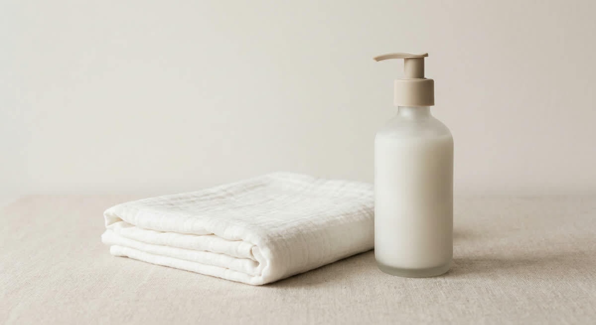 A folded cotton cloth and an unbranded pump bottle