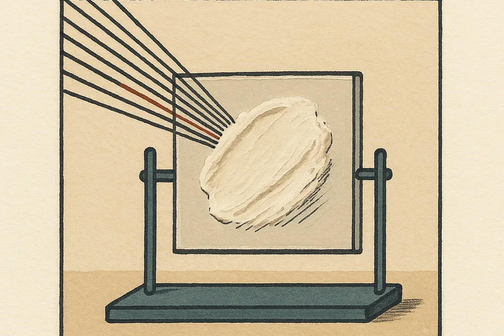 Illustration: a square glass test plate held upright in a slate blue-green laboratory jig, its surface covered by an uneven white film of sunscreen. A fan of ruled ink rays strikes it from the upper left, one of them drawn in terracotta.