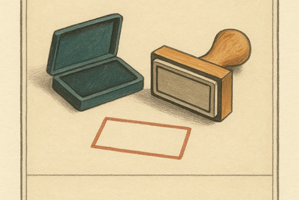 Illustration: a wooden rubber stamp with a completely blank face lies beside an open slate blue-green ink pad, next to the empty terracotta rectangle it has printed on the paper below. Nothing is written anywhere.