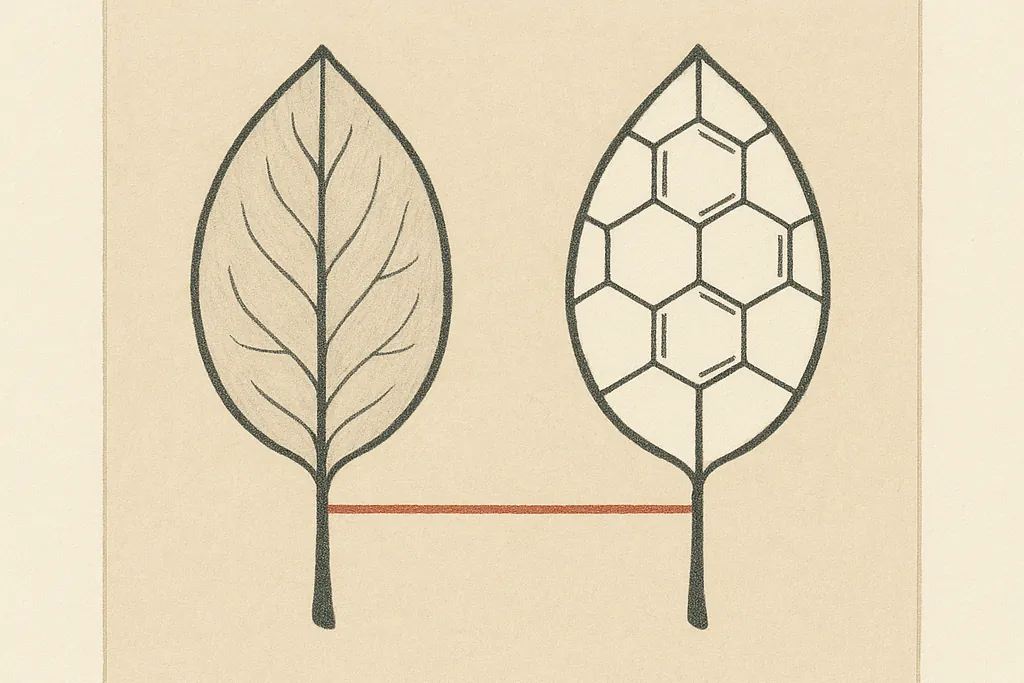 Illustration: two leaves of identical outline stand side by side. The left is drawn as a pressed botanical specimen with visible venation; the right has the same outline filled with a hexagonal chemical skeleton diagram. A short terracotta line joins them at the stem.