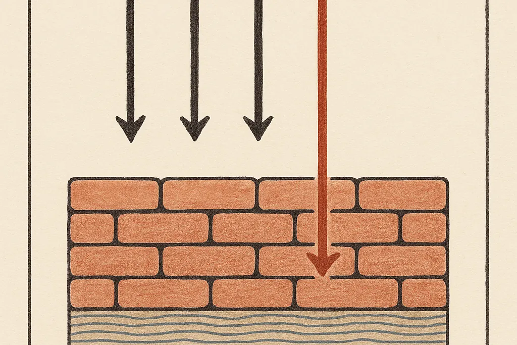 Diagram: four arrows descending on a wall of overlapping brick-like cells representing the outer layer of skin. Three arrows in dark ink stop dead above the surface; a fourth, in terracotta red, penetrates about two courses and stops. Below the wall lie undisturbed layered lines.