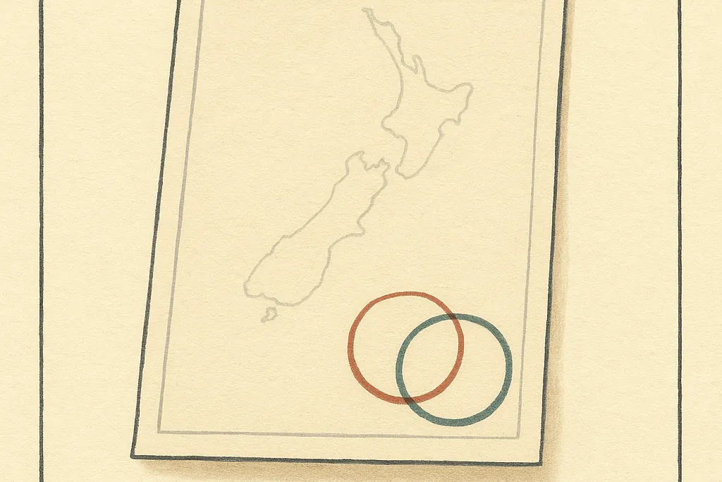 Illustration: a sheet of unwritten official paper lies at a slight angle, watermarked with the faint outline of the two main islands of New Zealand. Two overlapping empty stamp rings, one terracotta and one slate blue-green, sit near its lower edge.